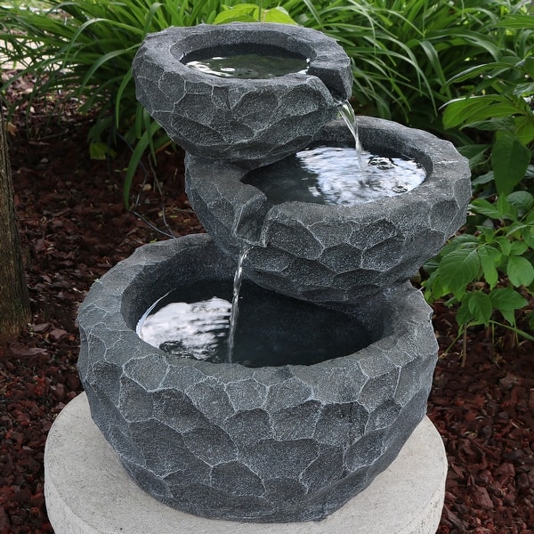 slide 2 of 9, 3-Tier Chiseled Basin Solar Outdoor Water Fountain with Battery - 17"