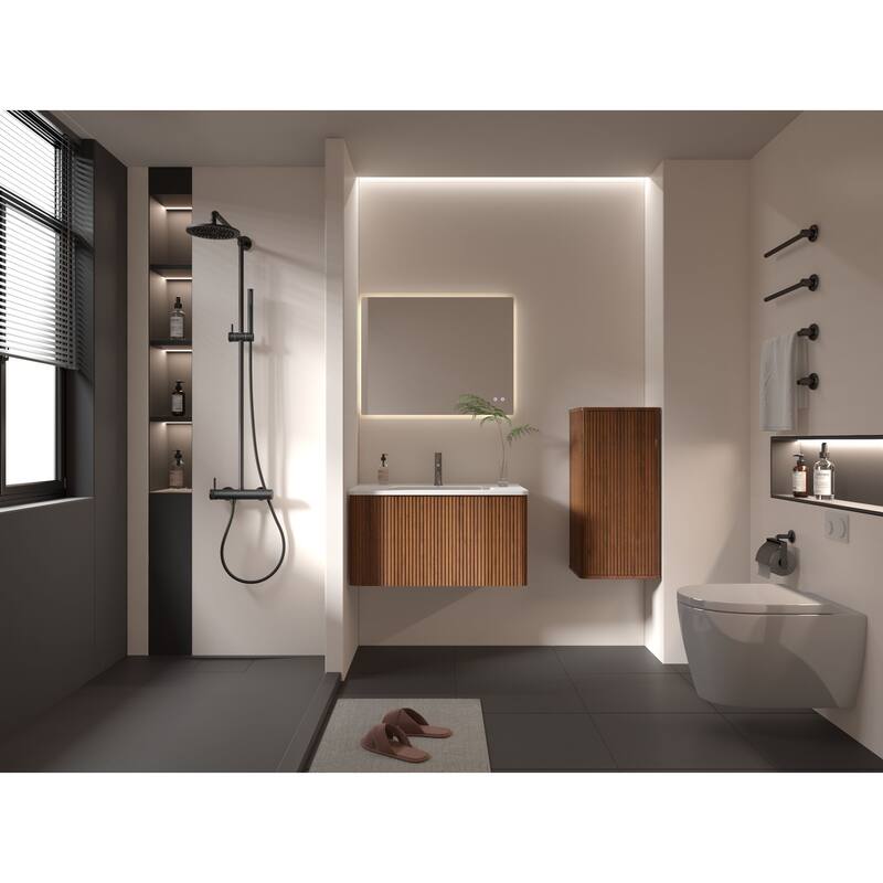 Wall-Mounted Floating Side Cabinet with Chic Striped Textures, Safe Curvy Design, Push-Open Door and Inside Shelves