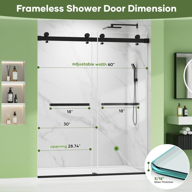 60" W x 74" H Door Double Sliding Frameless Shower Door with 8mm easy clear Tempered Glass