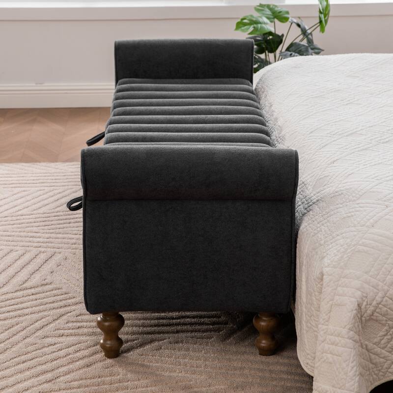 65.6"W Upholstered Storage Bench With Rolled Armrest, Rubberwood Legs