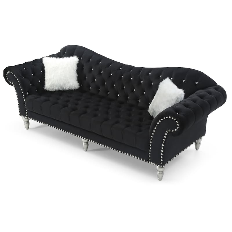 Tufted Velvet 2-Seater Sofa with Throw Pillows - 98" - Black