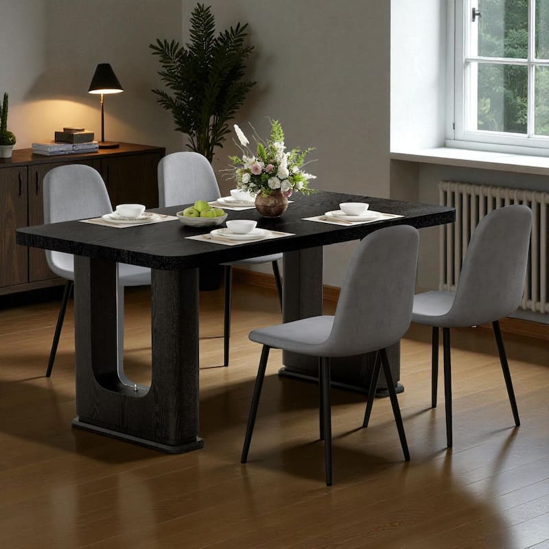 5-Piece 64.5" Black Wood Dining Table Set with Glass-Inlay Legs and 4 Linen-Cotton Chairs, Modern Dining Room Furniture