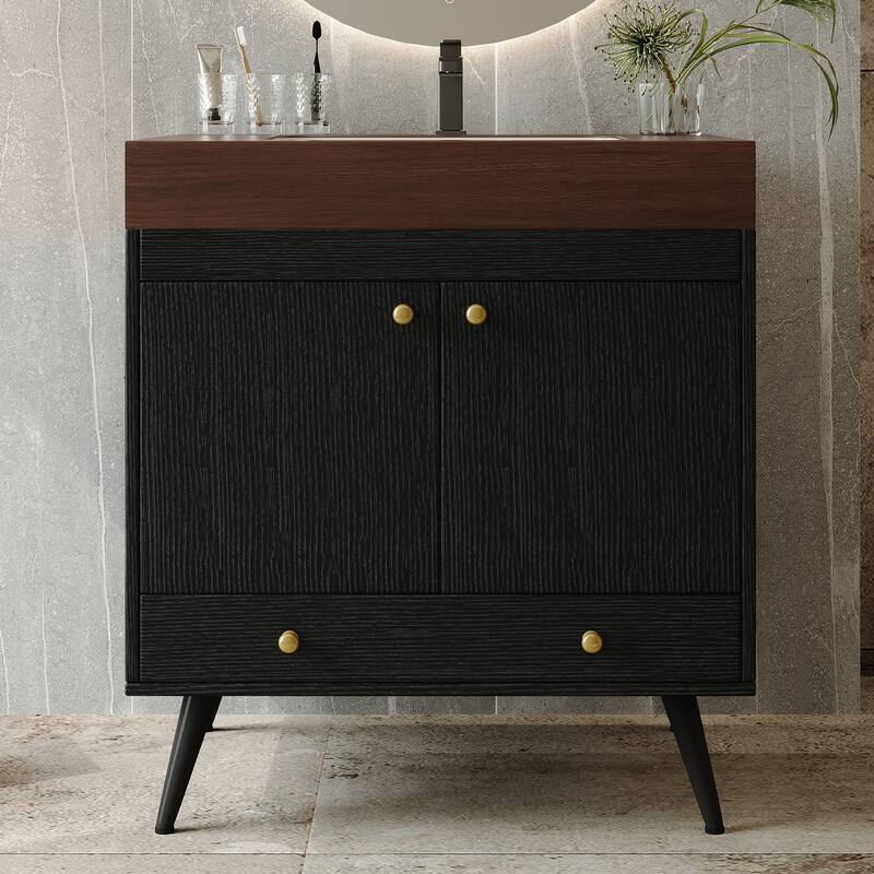 Free-standing Bathroom Vanity with Faux Marble Top & Ceramic Sink, 30" Double Door Storage Cabinet, Waterproof Engineered Wood