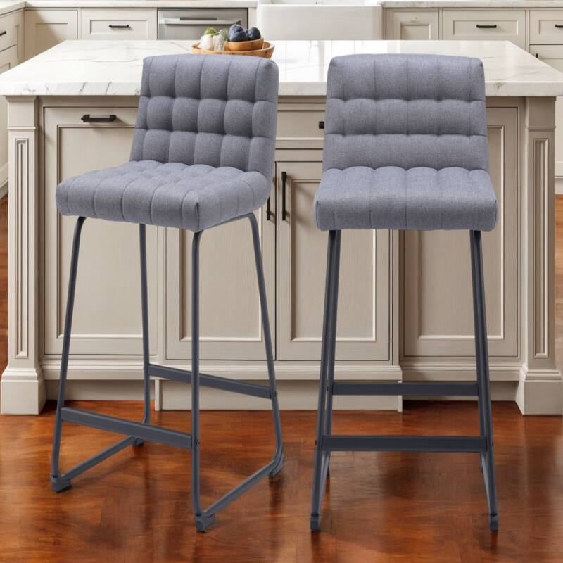 Set of 2 Modern Counter Height Grey Fabric Upholstery Seat Bar Stools with Black Footrest - 35”H x 18.9”W x 19.7”D