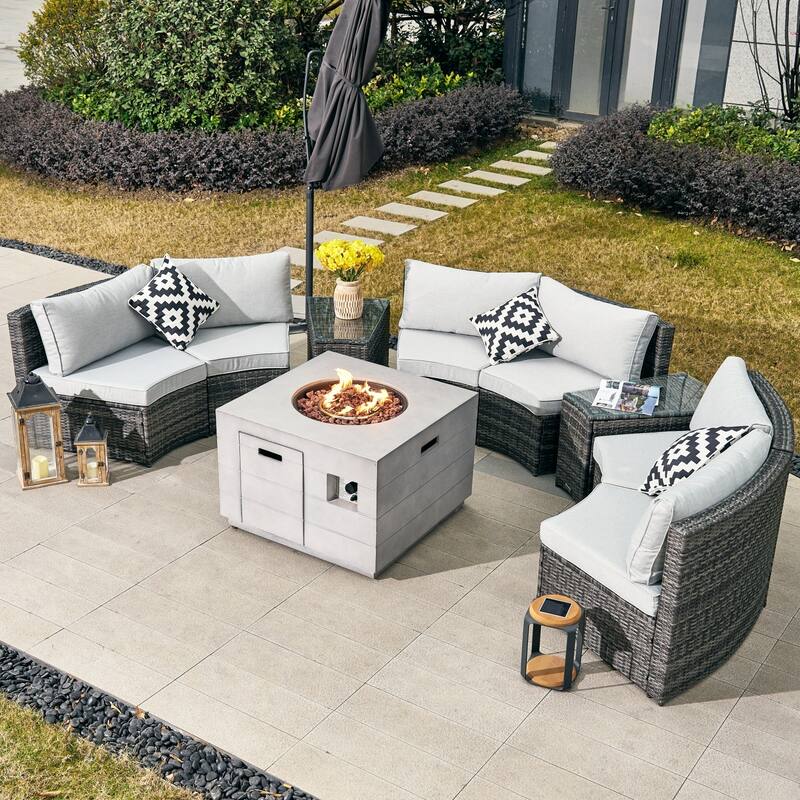 9-Piece Modular Patio PE Rattan Sofa Set with 50000BTU Terrafab Composite Fire Pit Table