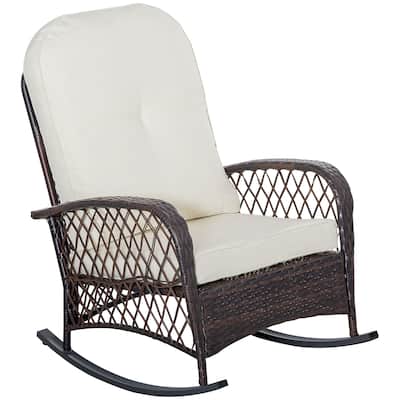 Outsunny Outdoor Wicker Rocking Chair with Cushion and Steel Frame, High Weight Capacity for Patio, Garden, Backyard