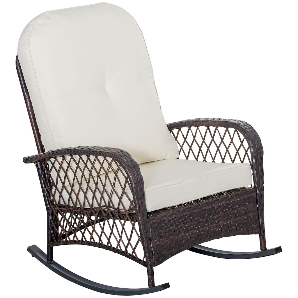 Outsunny Outdoor Wicker Rocking Chair with Wide Seat, Thick, Soft Cushion, Rattan Rocker w/Steel Frame
