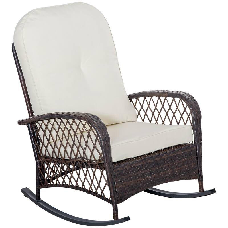 Outsunny Outdoor Wicker Rocking Chair with Widen Seat, Thickened Cushion, Rattan Rocker with Steel Frame