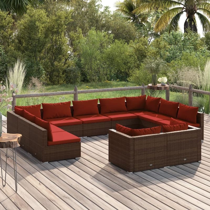 vidaXL Patio Lounge Set Outdoor Sectional Sofa Set Table Garden Poly Rattan - 27.6" x 27.6" x 23.8" - Brown/Cinnamon red 15 x Back pillow