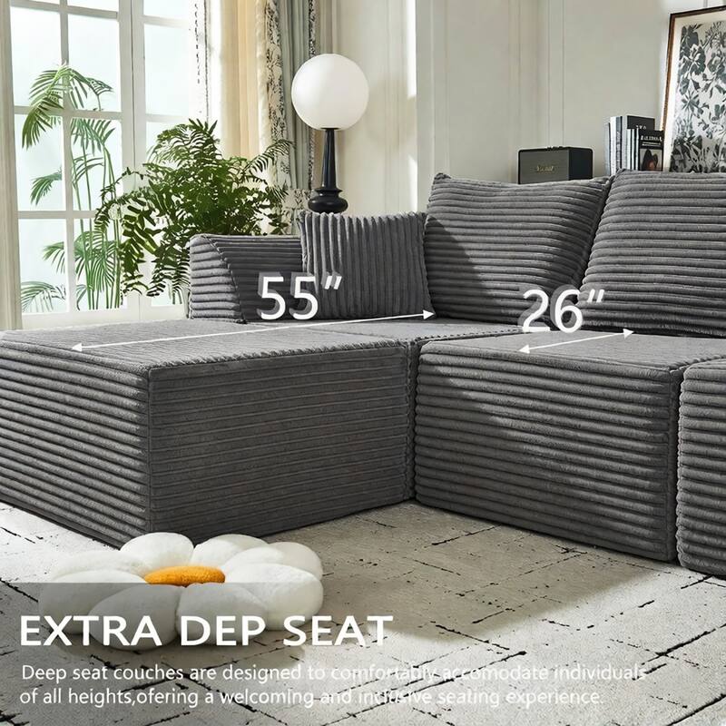 130" U-Shaped Corduroy Sectional Sofa with 2 Ottomans, No Assembly Required
