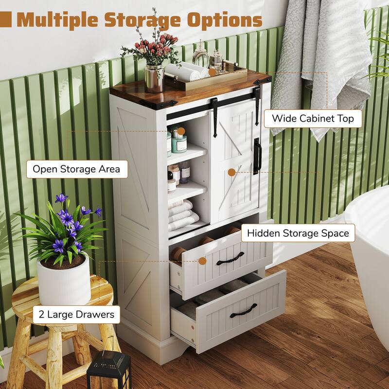 Farmhouse Bathroom Floor Cabinet with Sliding Barn Door and Adjustable Shelves White