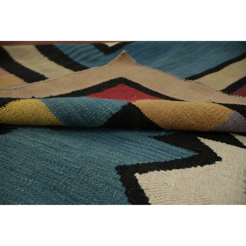 Hand Woven Oriental 100% Wool Carpet Southwestern Tribal Navy Blue & Blues Kilim Area Rug - 11' 11'' X 8' 11''