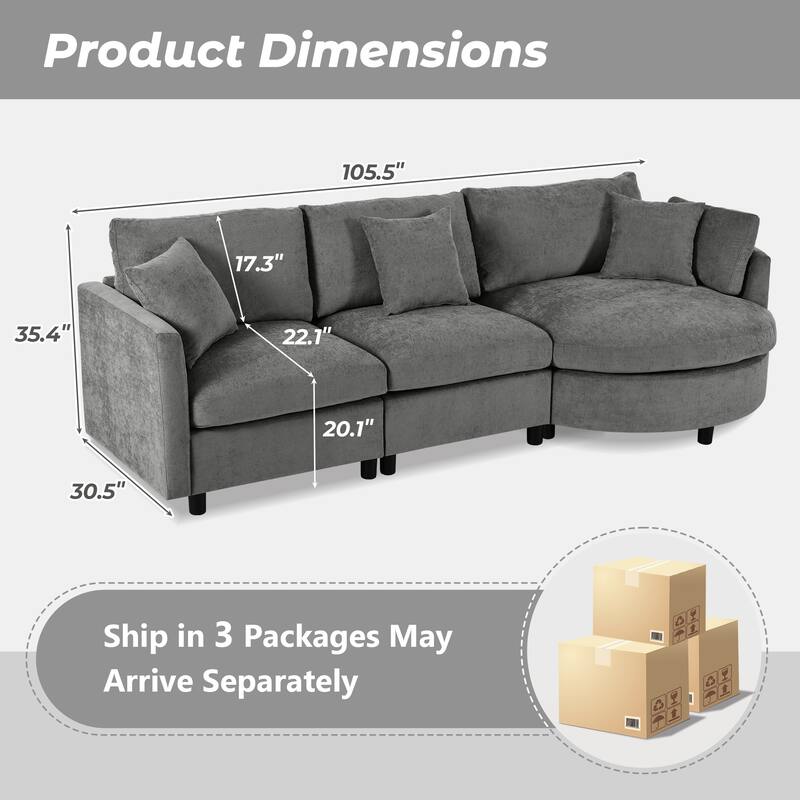 Curved Sectional Sofa, Chenille Fabric Sectional Couch with Chaise and 3 Throw Pillows