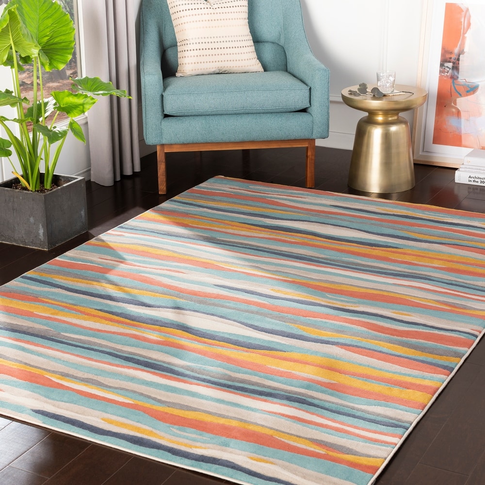Livabliss Colton Aqua Wavy Stripes Area Rug