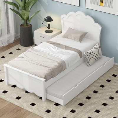 Twin Size Wood Platform Bed with Headboard and Twin Size Trundle