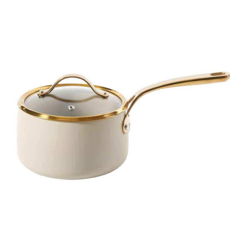 Bloomhouse 15 Piece Pots and Pans Heavy Duty Aluminum Premium PFA Free Ceramic Nonstick - Almond Cream with Gold Handle