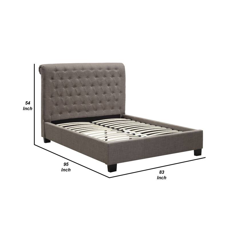 Rue Low Profile King Bed, Button Tufted Uphosltered Rolled Back, Gray