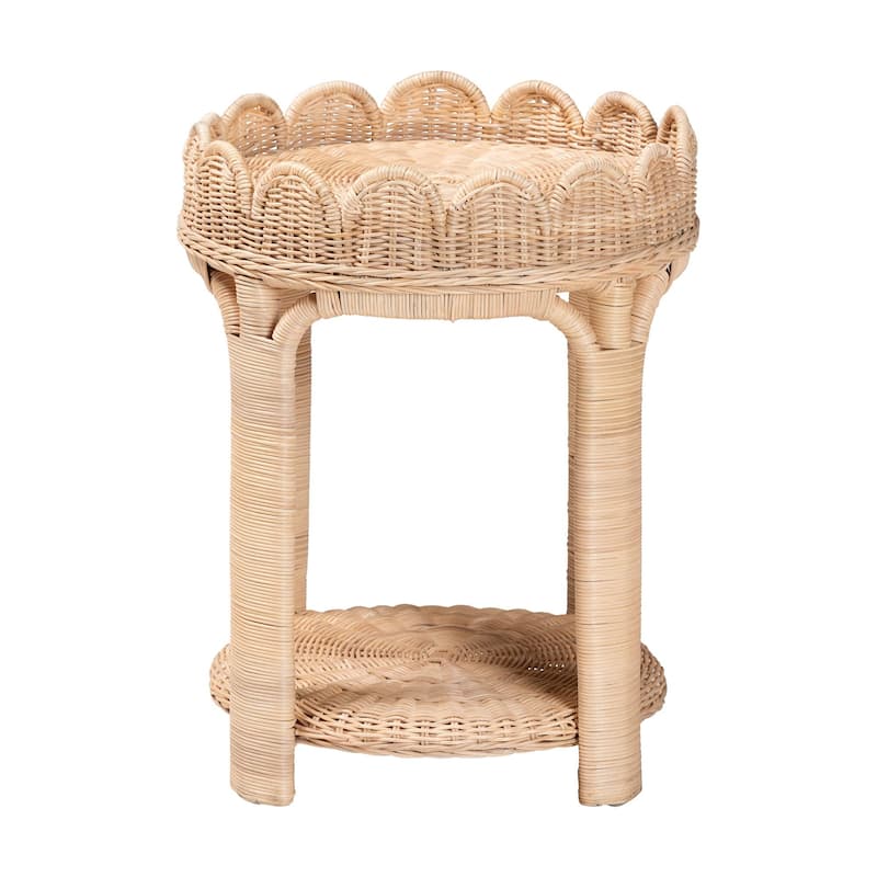 Latoya Natural Rattan End Table - Handwoven Wicker 2-Tier Side Table with Scalloped Border for Living Room or Bedroom