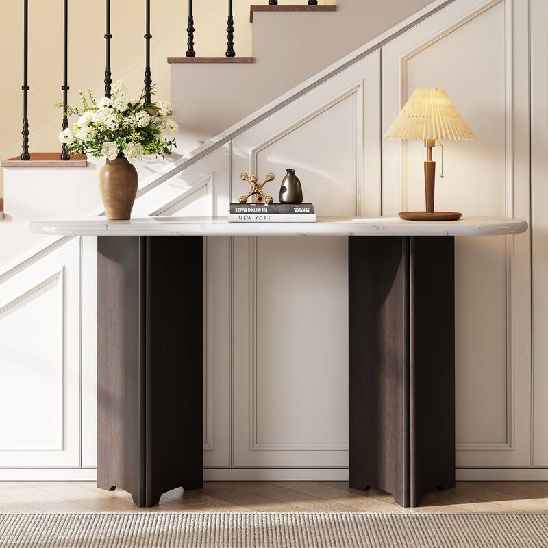 53.9" Console Table with Faux Marble Top & Wood Base