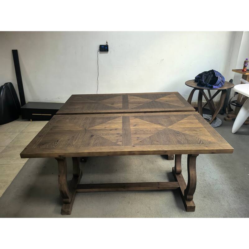 63" Solid Wood Dining Table for 4-6, Diamond Parquetry Top and S-Scroll Legs