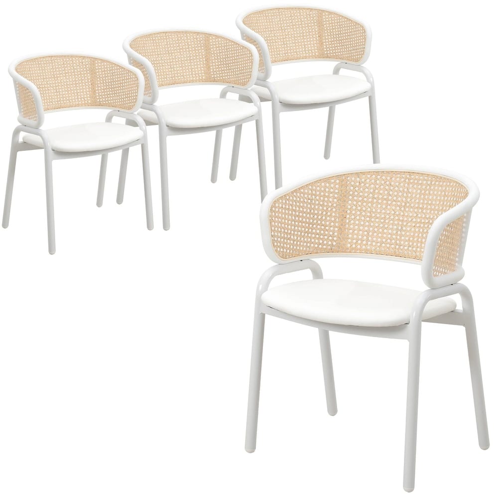 Ervilla Modern Stylish Side Chair with Rattan Back and White Steel Legs for Dining Room & Kitchen, Set of 4