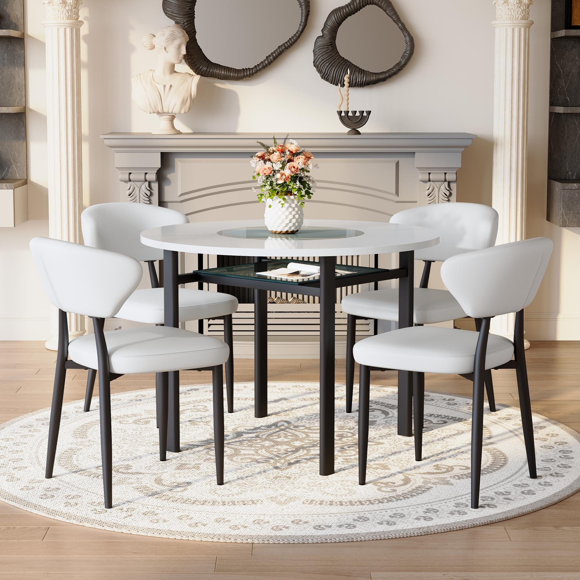 42-Inch Modern Round Dining Table Set With Four Ergonomic PU Dining Chairs, Curved Backrest For Comfort