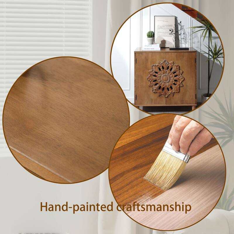 Roomfitters Rustic Hand-Carved 2-Door Cabinet, Floral Boho Accent Sideboard, Dark Brown