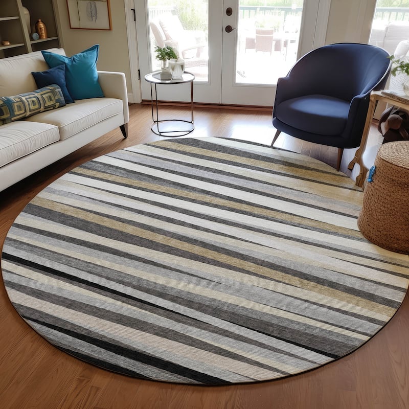 Machine Washable Indoor/ Outdoor Modern Stripes Chantille Rug - Gray - 8' x 8'