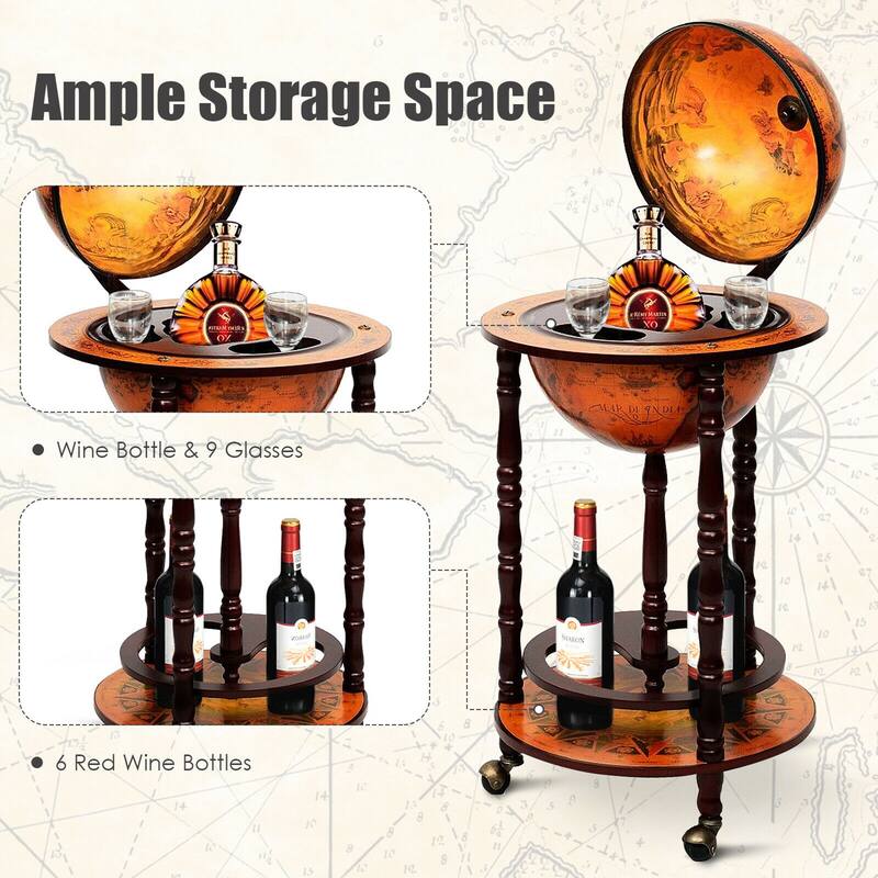 Gymax Wood Globe Wine Bar Stand 16th Century Italian Rack Liquor - See Details