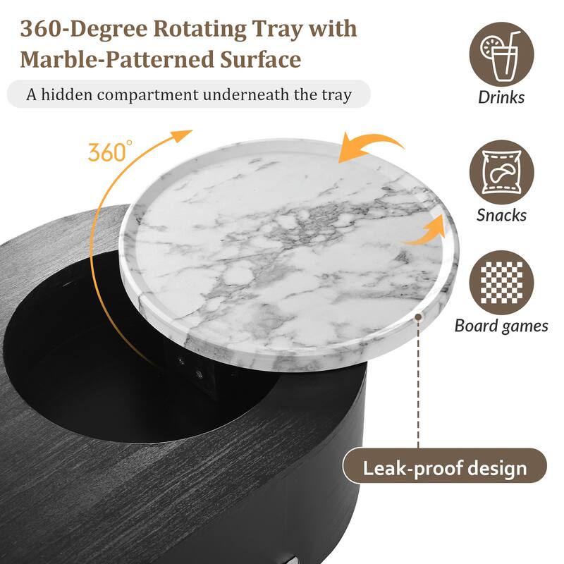 Roomfitters Lift Top Oval Coffee Table with Rotating Marble Tray and Hidden Compartment