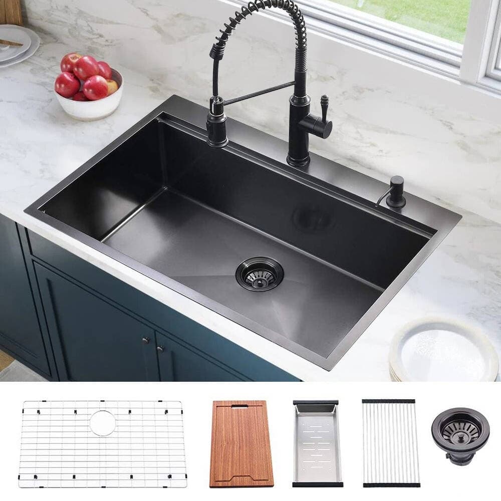 DORNBERG 33 Inch Black Kitchen Sink Stainless Steel Single Bowl Sink