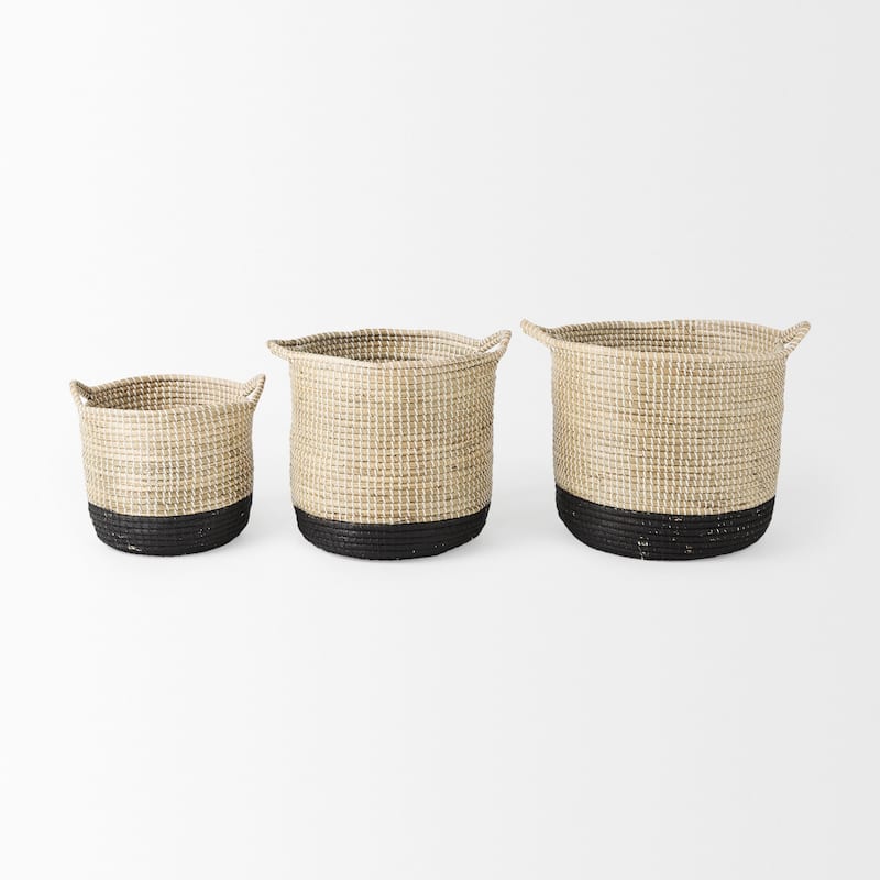 Maddie Light Brown & Black Seagrass Round Baskets (Set of 3)