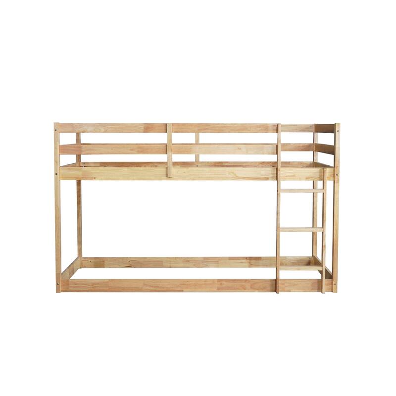 Wooden Twin over Twin Floor Bunk Bed with Ladder, with Bed Platform of Strengthened Slats