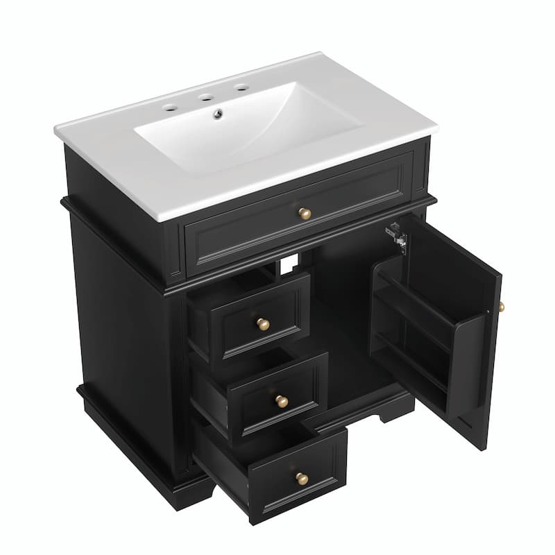 30" Bathroom Vanity with Sink, Tip-Out Drawer, Three Drawers, Door Shelf