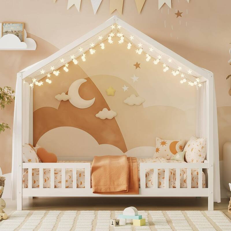 Whimsical Montessori-Inspired Floor Bed with Canopy & Full Safety Rails by Harper&Bright Designs