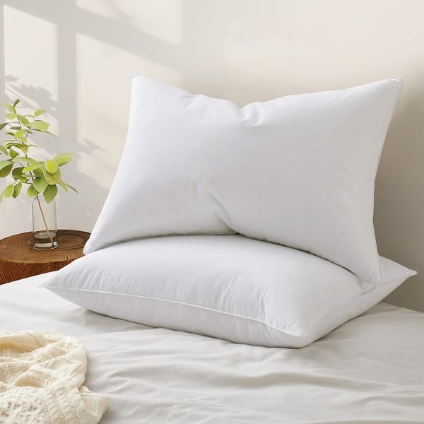 Queen Set of 2 Premium Goose Feather Down Bed Pillows with Cotton Cover - White - Medium-Soft