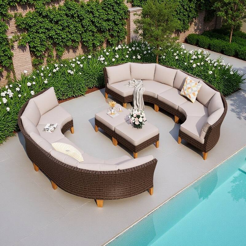 11-Piece Outdoor Wicker Half-Round Furniture Set, Half-Moon Sectional Sofa Set All Weather Rattan Curved Conversation Sets - 12Seats - Type T