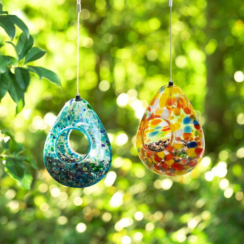 Glitzhome 6.75''H Glass Water Drop Hanging Dots Birdfeeder