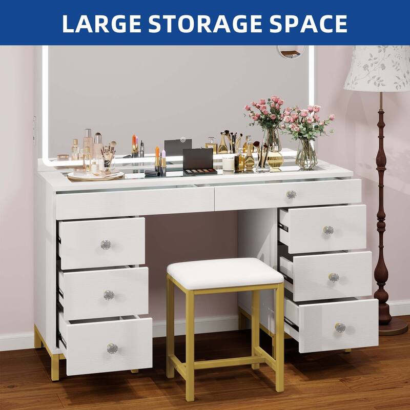 Moasis 45.5" Modern Vanity Table, 8 Drawers, Lights, Mirror, Power Outlet