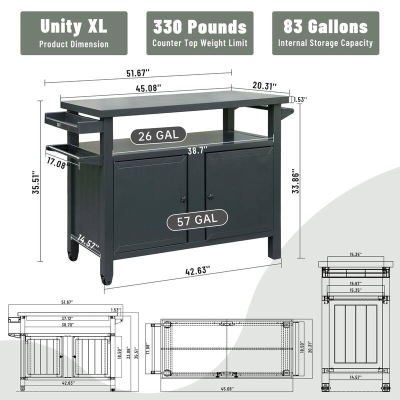 Grill carts Outdoor Storage Cabinet with Wheels, Metal outdoor grill table Kitchen Dining Table Cooking Prep BBQ Table for Patio