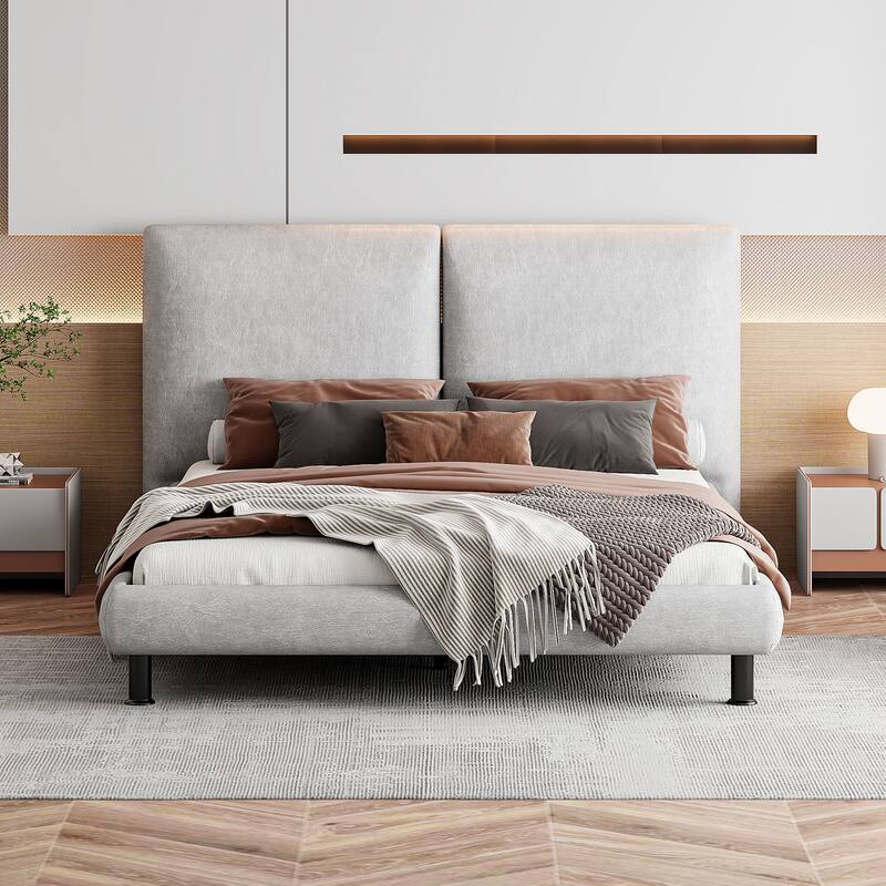 Queen Size Upholstered Platform Bed with Two Large Headrests and Thick Fabric
