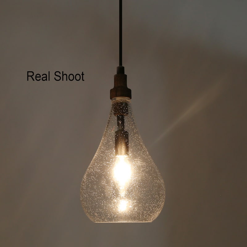 Rustic Farmhouse 1-light Pendant Kitchen Islands Lighting Brown Wood Decor with Seeded Teardrop Glass Shade - D 6'' x H 72''