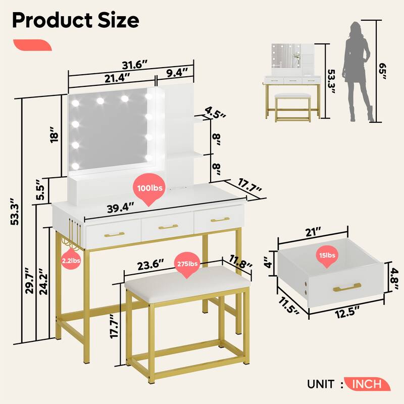 Makeup Vanity Desk Stool Set with Lighted Mirror & USB Power Outlet