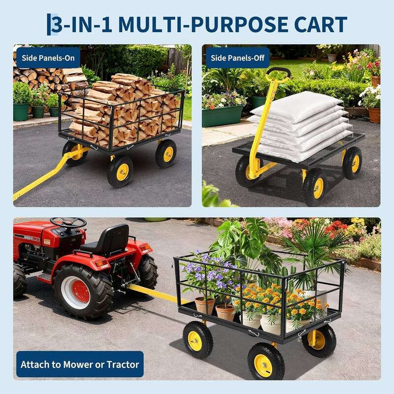 Heavy Duty Outdoor Folding Utility Garden Cart with Removable Sides and Wheels, 1500 LBS Load