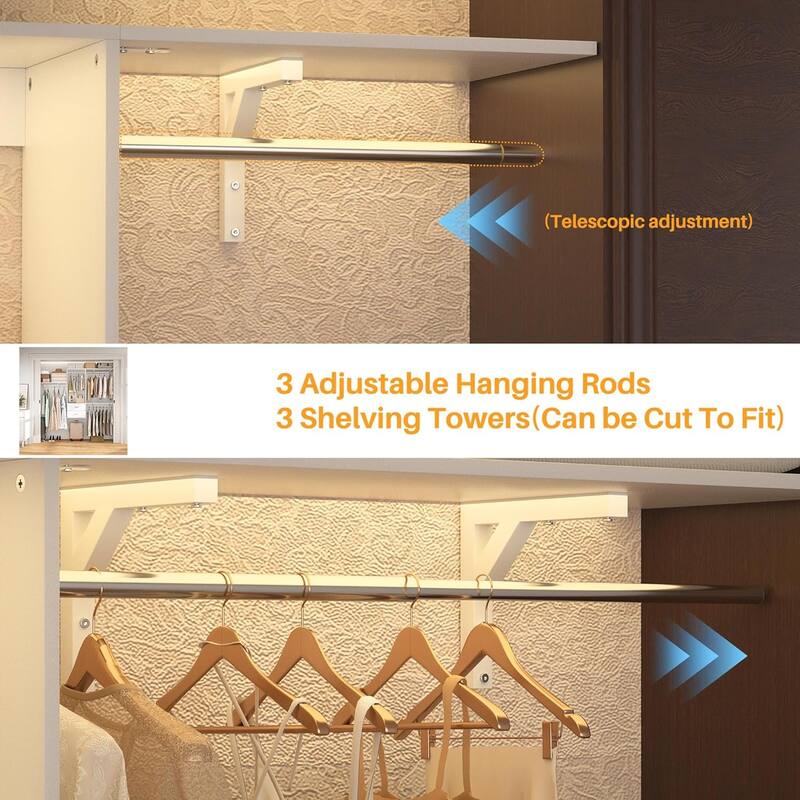 96'' Hanging Closet System with 3 Hanging Rod ＆ 3 Shelving Towers ＆ 2 Drawers,8FT Walk in Closet Organizer System
