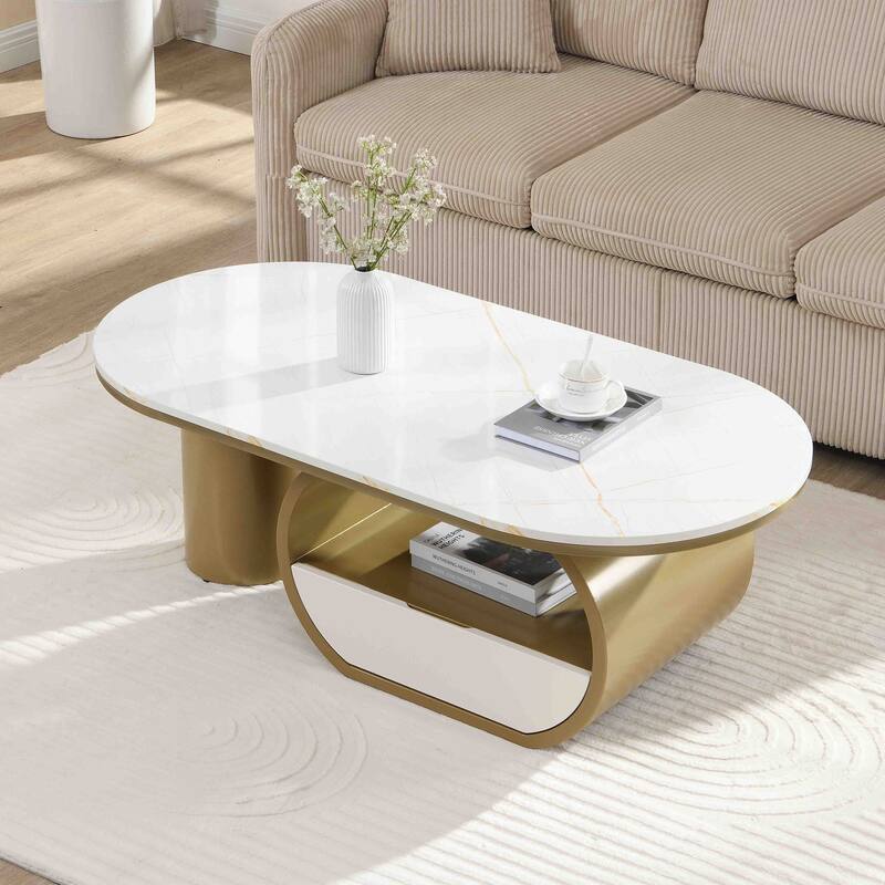 47'' Living Room Oval Shaped Coffee Table with Storage Drawer