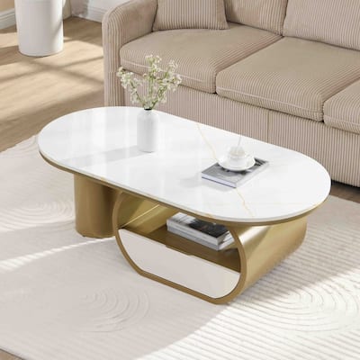 Elegant Contemporary Oval Cocktail Table with Hidden Storage, 47.24" Faux Marble Surface and Glamorous Gold-Tone Metal Base .