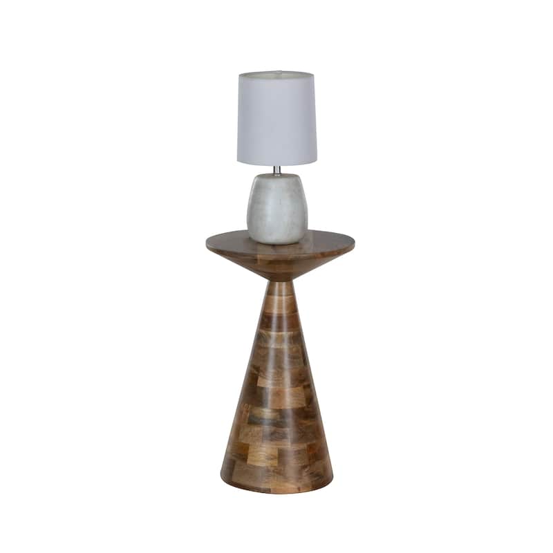 Modern Cone-Shaped Mango Wood Accent Table with Patchwork Tile Pattern in Natural Stained Finish