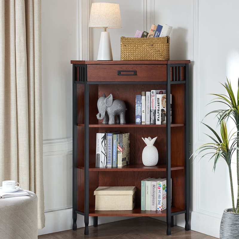 Leick Home Mantel Height 3-Shelf Corner Bookcase with Drawer Storage