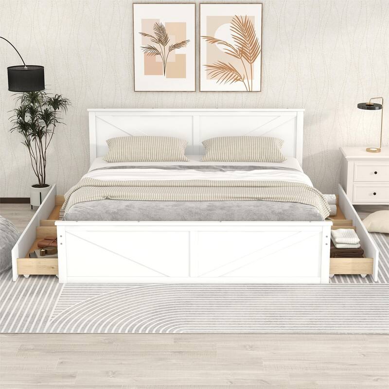 King Size Platform Bed with Four Storage Drawers and Support Legs